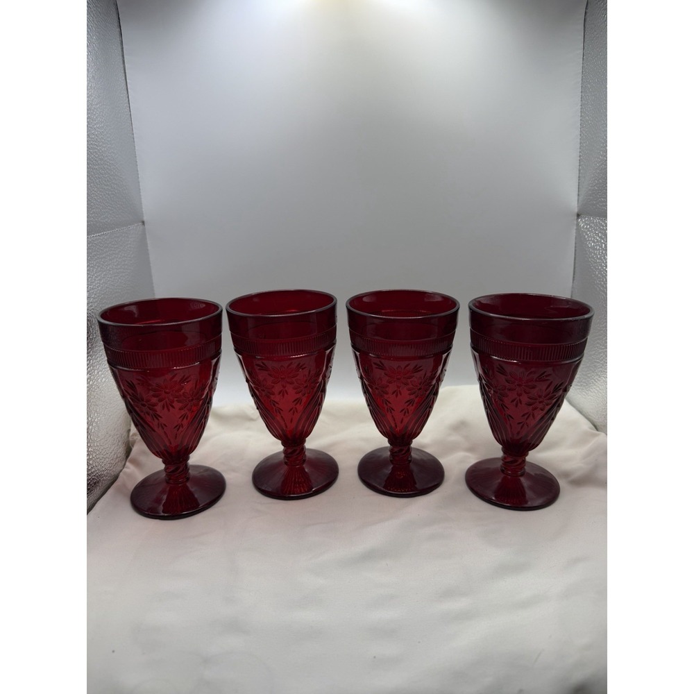 Set of 4 Fenton Ruby #1720 Flower Windows Footed Ice Tea Tumblers